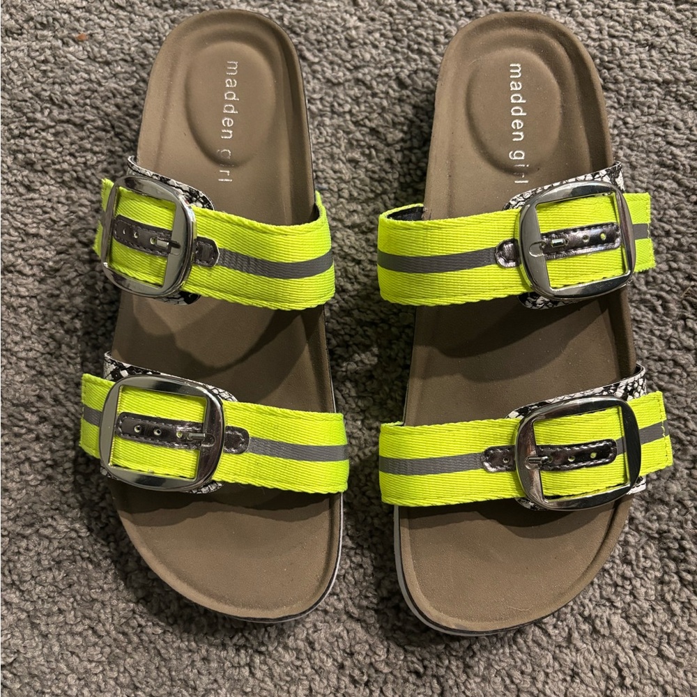 NWOT Madden Girl Neon Yellow & Snake Print Sandals Two-Strap Design
